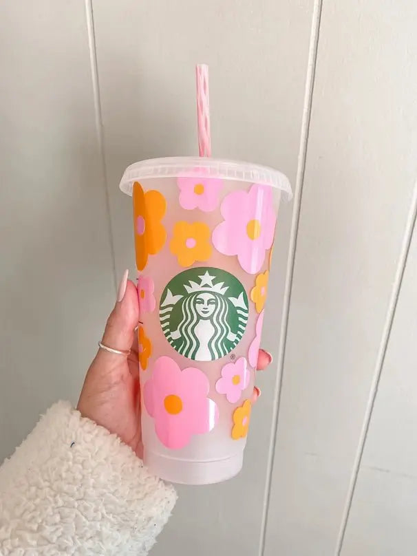 Myla Pink & Orange Retro Flowers Iced Coffee Starbucks Cup Lovely JEN's Designs