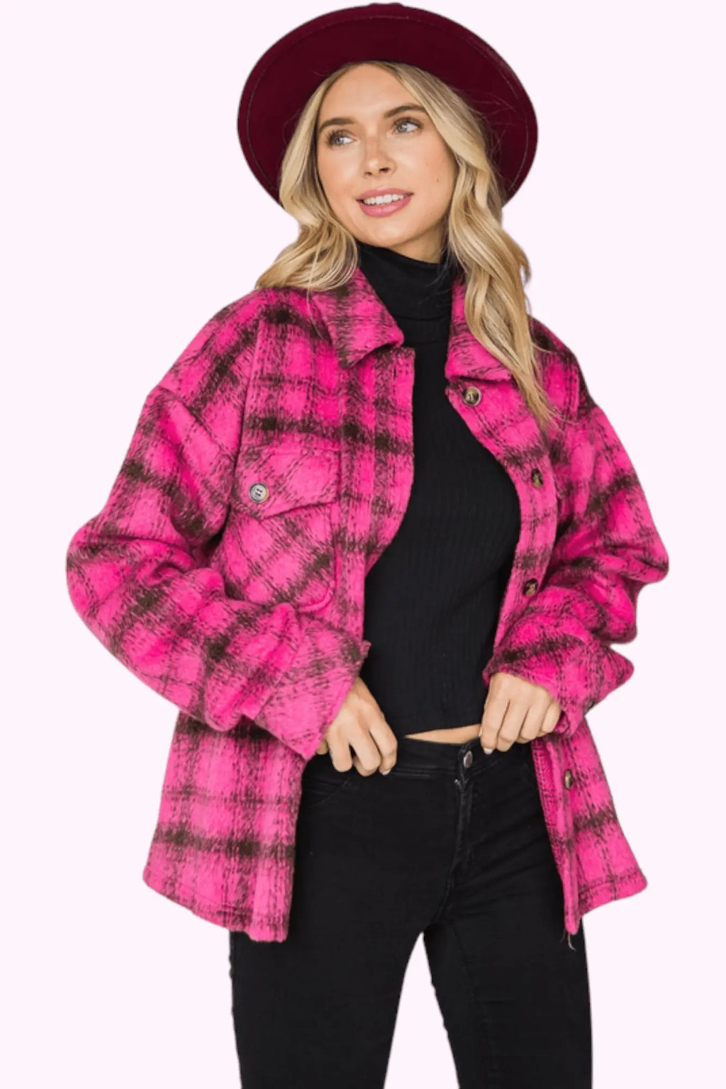 Berry Blessed Plaid Shacket Cotton Bleu
