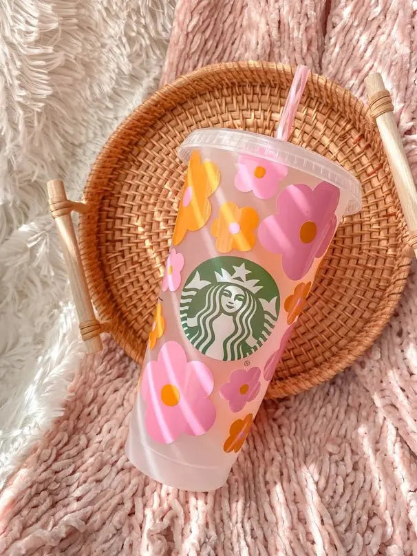 Myla Pink & Orange Retro Flowers Iced Coffee Starbucks Cup Lovely JEN's Designs