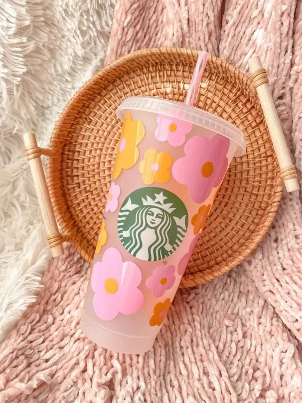 Myla Pink & Orange Retro Flowers Iced Coffee Starbucks Cup Lovely JEN's Designs