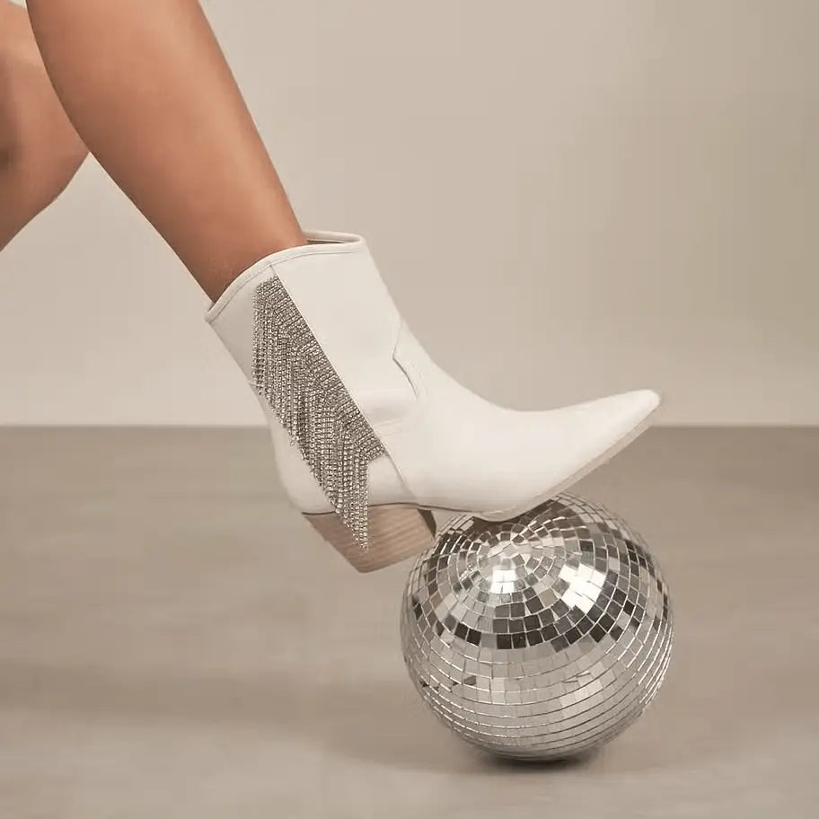 Layla White silver Fringe Booties Mi.iM