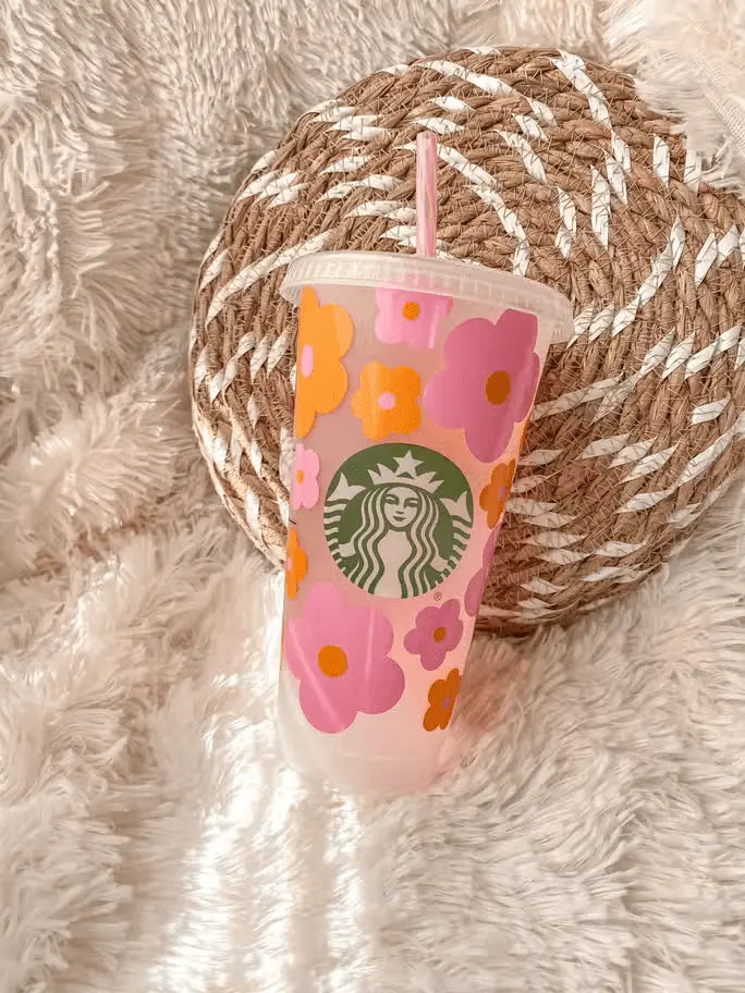 Myla Pink & Orange Retro Flowers Iced Coffee Starbucks Cup Lovely JEN's Designs