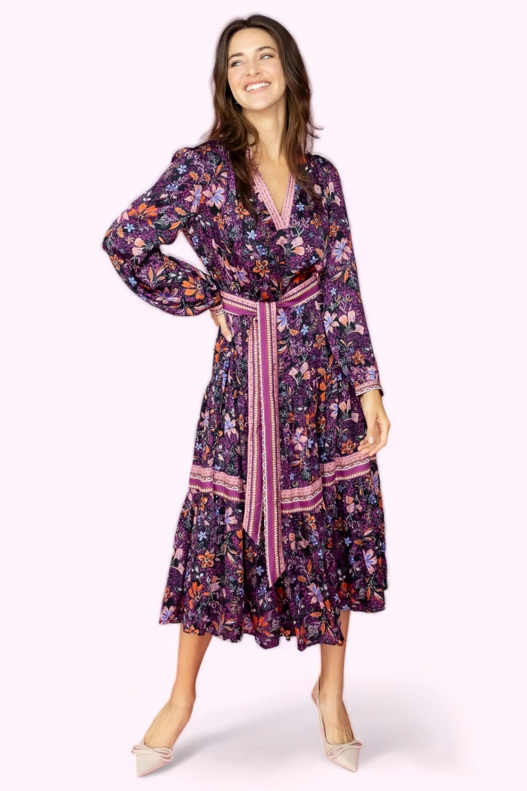 Live in the moment Floral Long Dress With Waist Belt Current Air