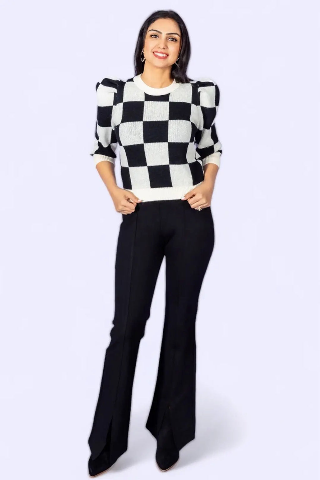 Checkmate Chic Knit Sweater with Puff Sleeves &merci