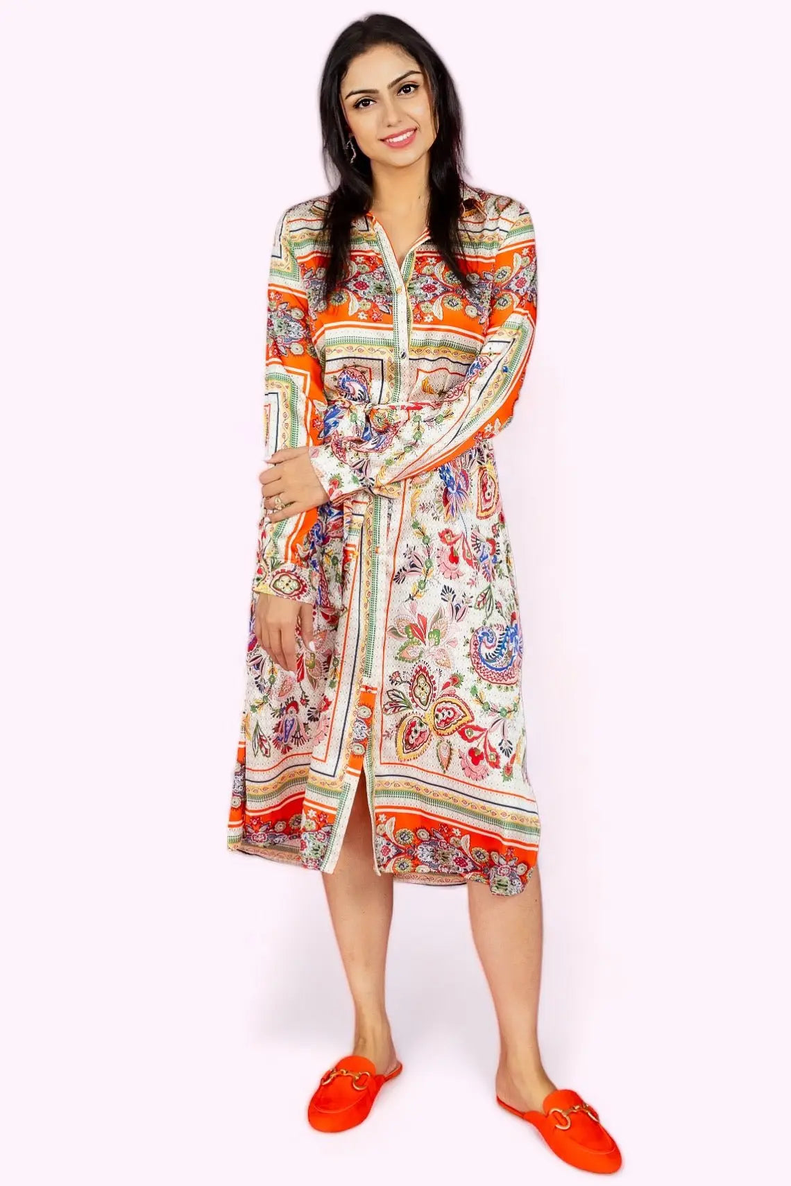 I Want It That Way Scarf Print Tie Waist Shirt Dress FATE INC
