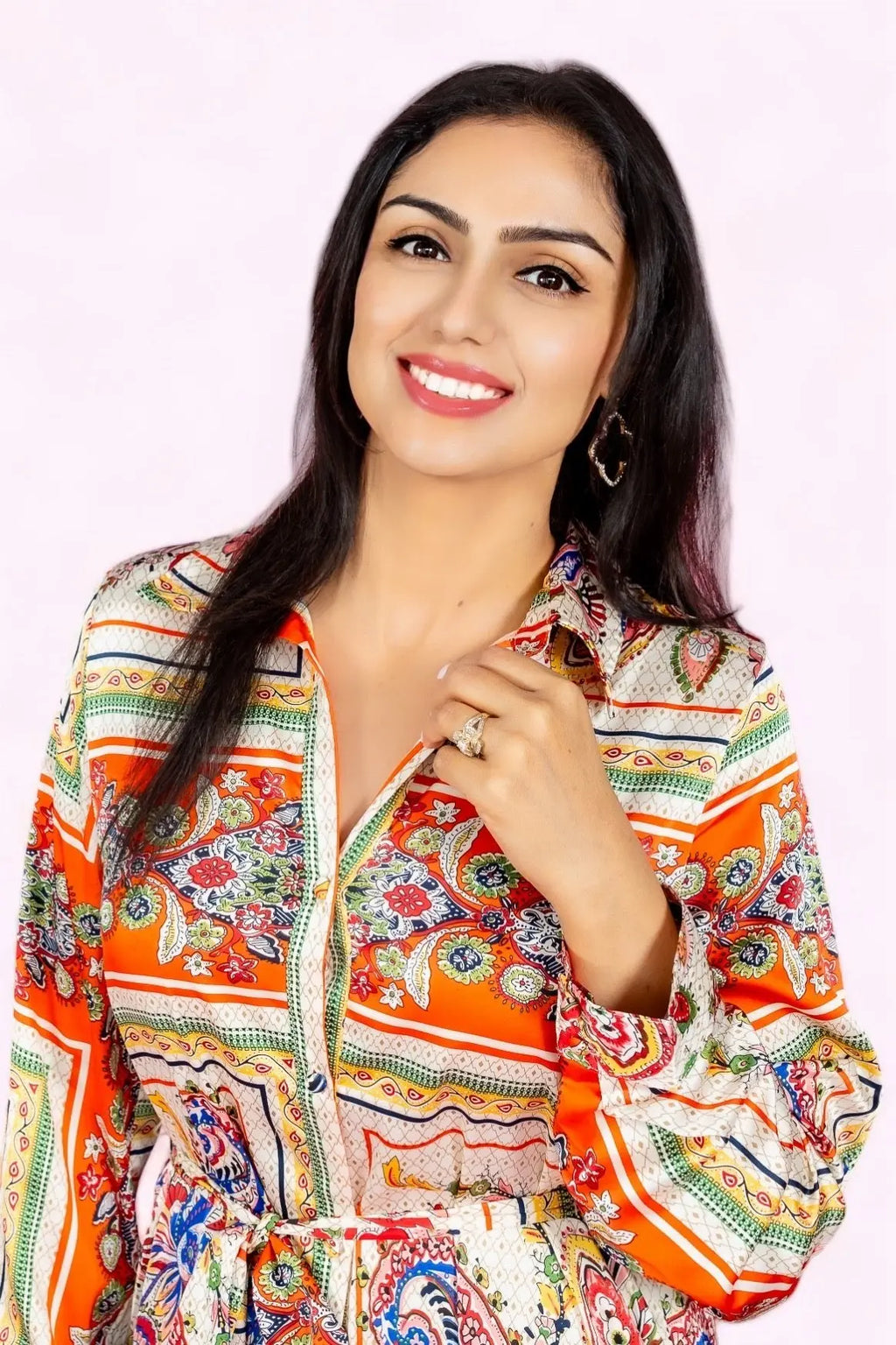I Want It That Way Scarf Print Tie Waist Shirt Dress FATE INC