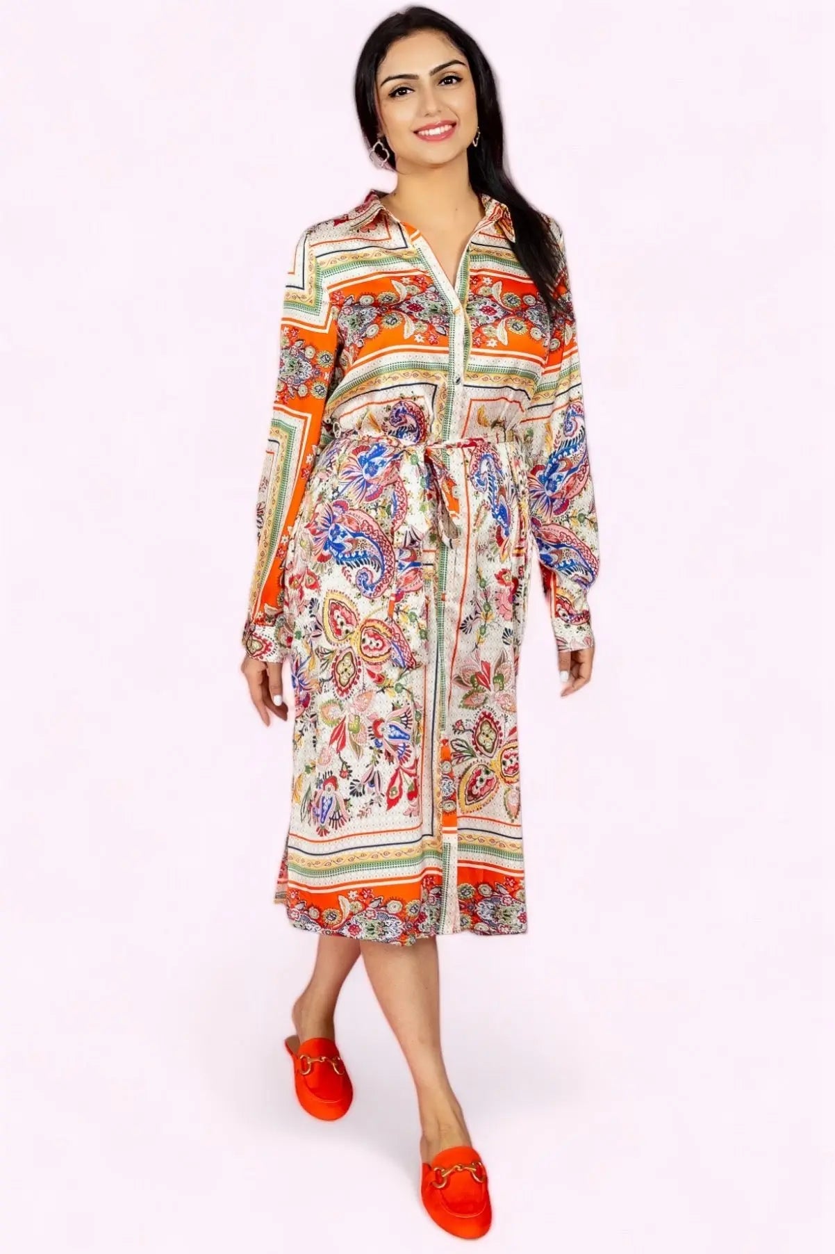 I Want It That Way Scarf Print Tie Waist Shirt Dress FATE INC