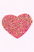 Colorful beaded heart-shaped clutch with a candy sprinkle design, perfect for adding a playful touch to any outfit.