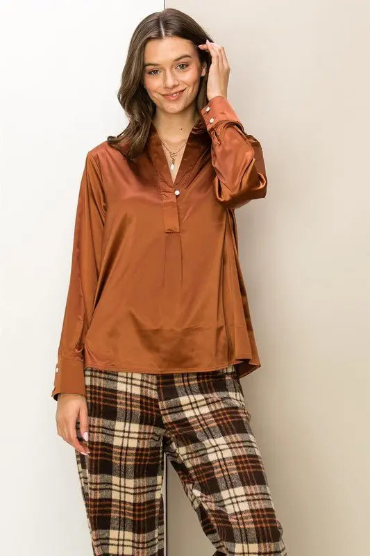 Hang in there Satin Half Placket Blouce HYFVE