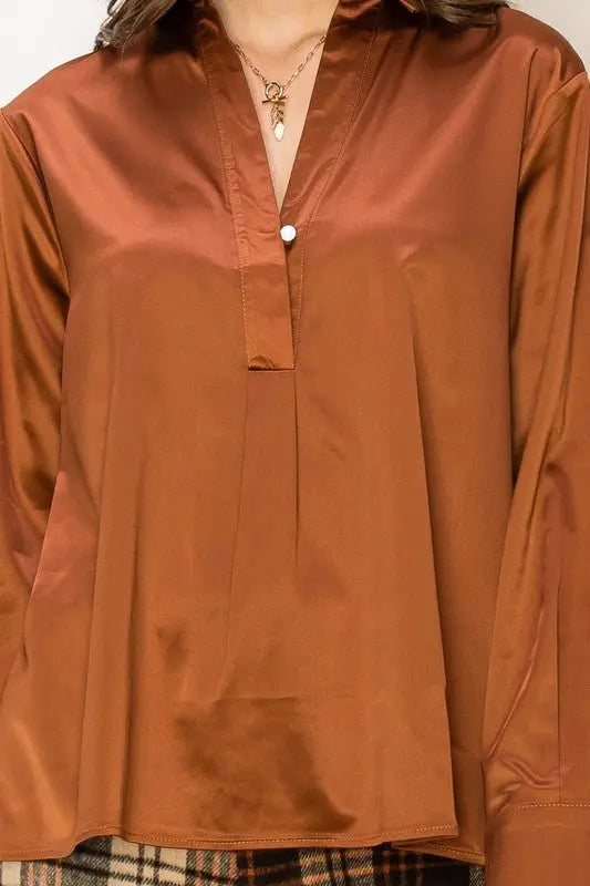 Hang in there Satin Half Placket Blouce HYFVE