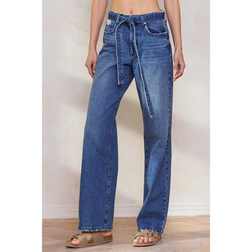 Blowing Your Mind High Rise Belted Wide Leg Jeans