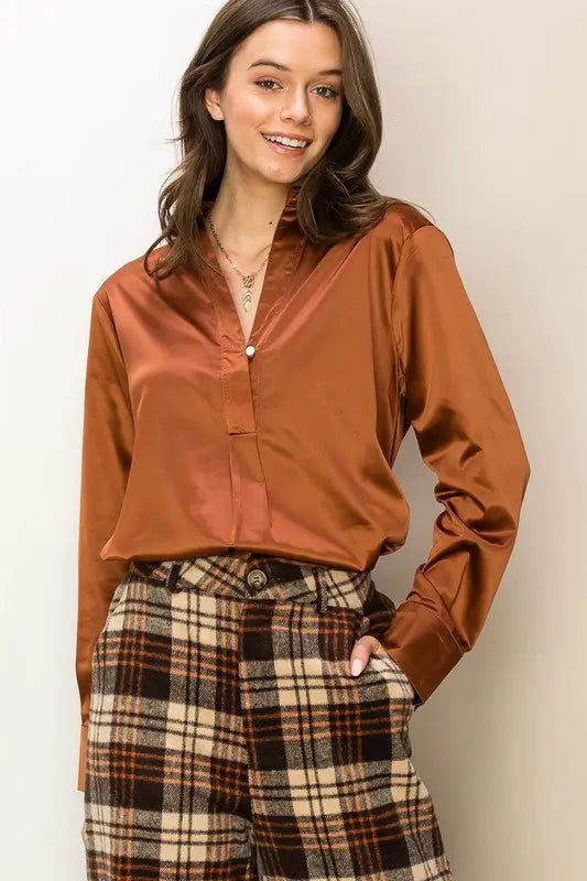 Hang in there Satin Half Placket Blouce HYFVE